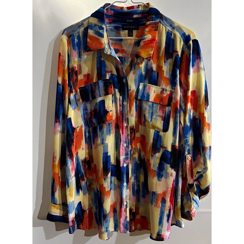 Olivia Women’s Blouse L Multicolor Abstract Collared Long Sleeve Button Front